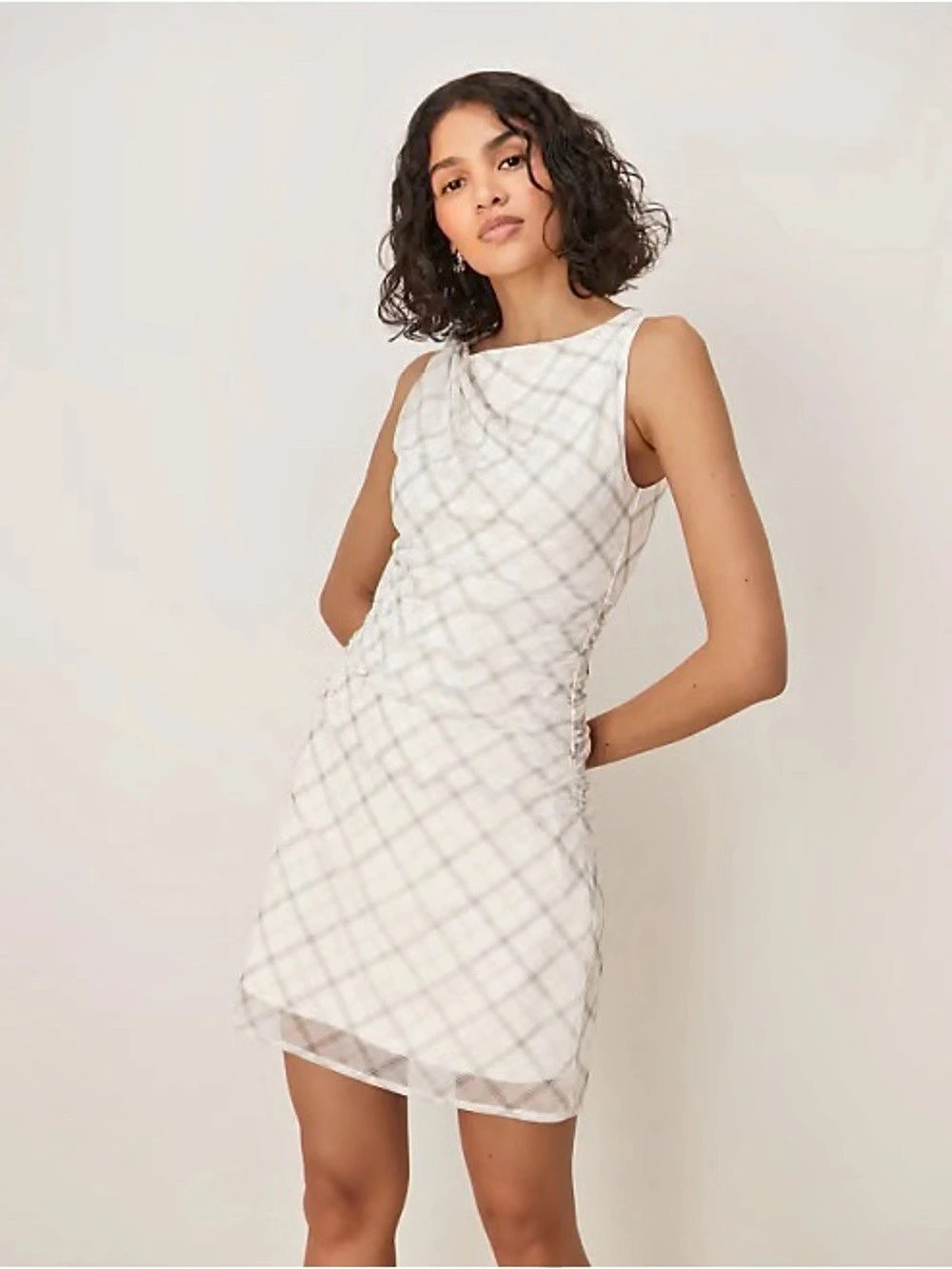 Abercrombie & Fitch Mesh Knotted Mini Dress in White & Gray Plaid Size XS Like N
